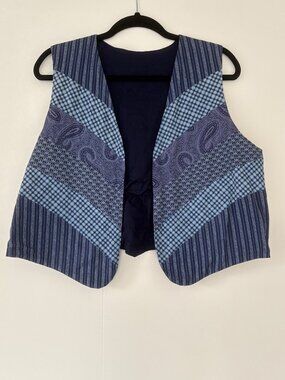 Patchwork Vest Blue Paisley Cottagecore Boho Folkware Style Open Front